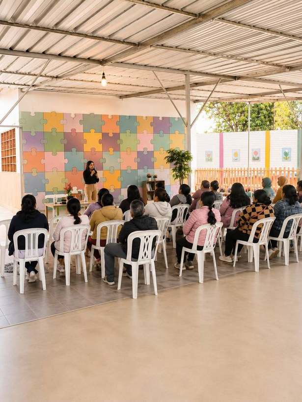 Yessica Soller, psicóloga, facilitando un taller de acompañamiento emocional para familias en una institución educativa de Lima